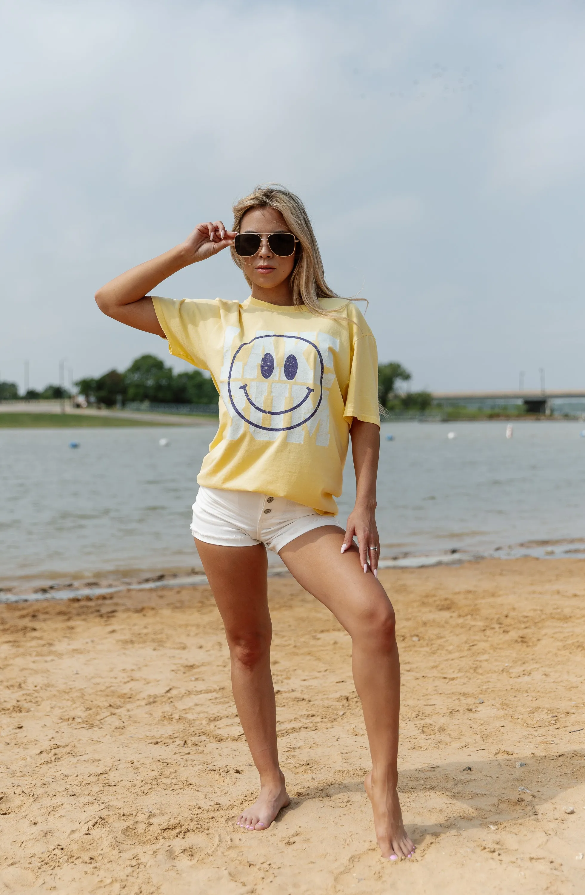 ALL SMILES AT THE LAKE GARMENT DYED BOYFRIEND TEE IN YELLOW