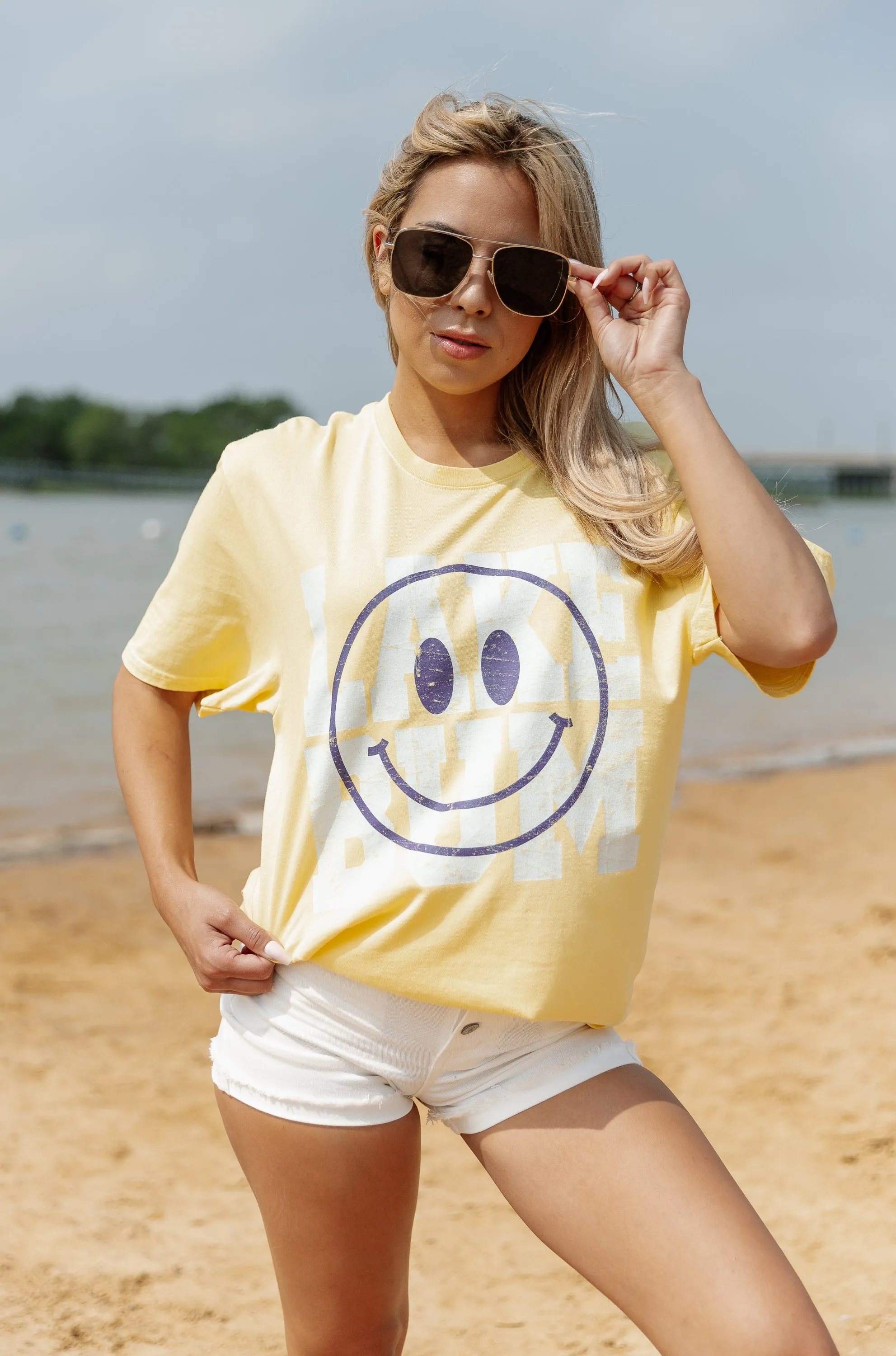 ALL SMILES AT THE LAKE GARMENT DYED BOYFRIEND TEE IN YELLOW