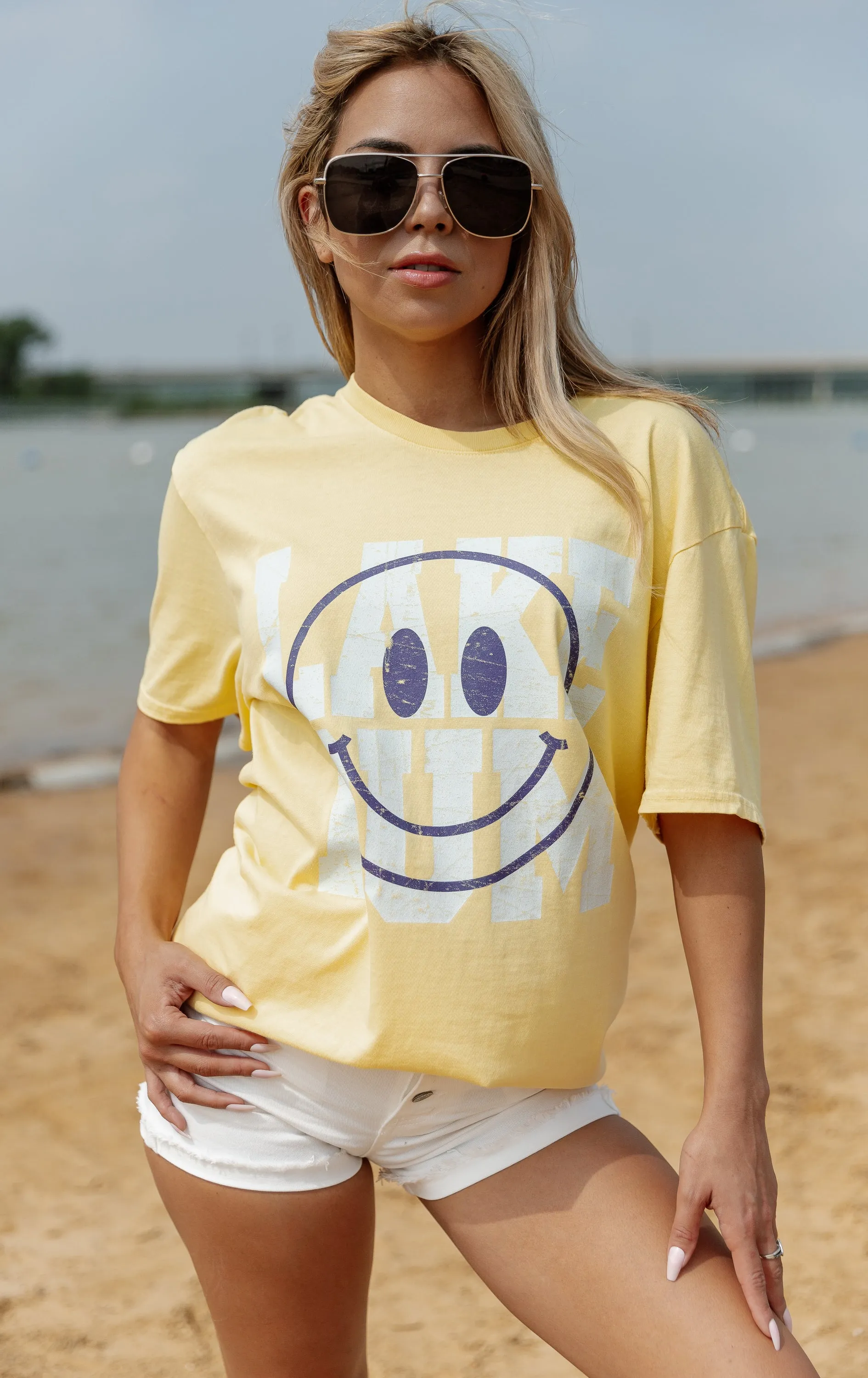 ALL SMILES AT THE LAKE GARMENT DYED BOYFRIEND TEE IN YELLOW