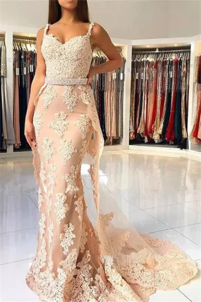 Alluring Chic Lace Spaghetti-Straps Chic Mermaid Prom Dresses Sleeveless Evening Dresses with Over-skirt