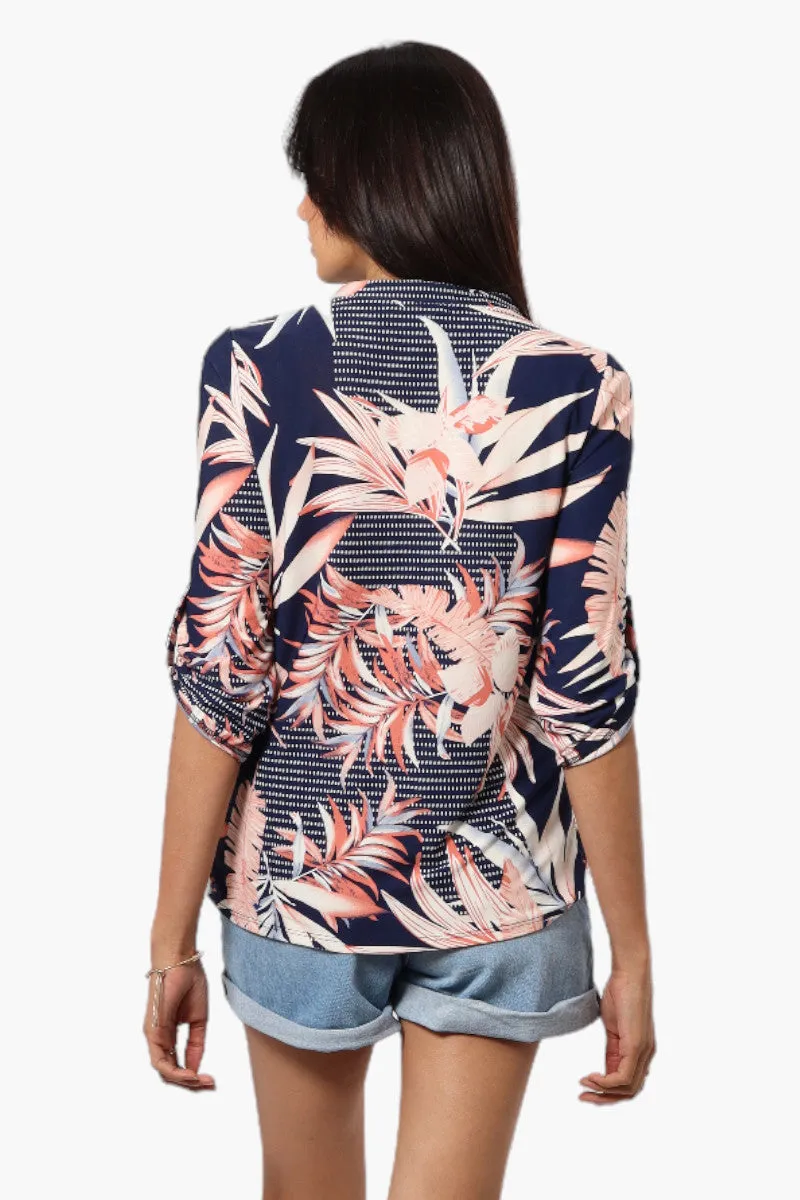 Beechers Brook Floral Roll Up Sleeve Blouse - Navy