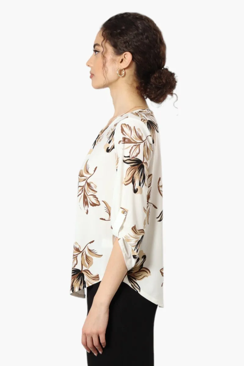 Beechers Brook Floral Roll Up Sleeve Necklace Blouse - Cream