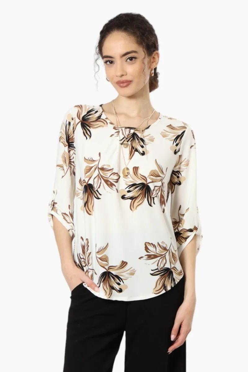 Beechers Brook Floral Roll Up Sleeve Necklace Blouse - Cream