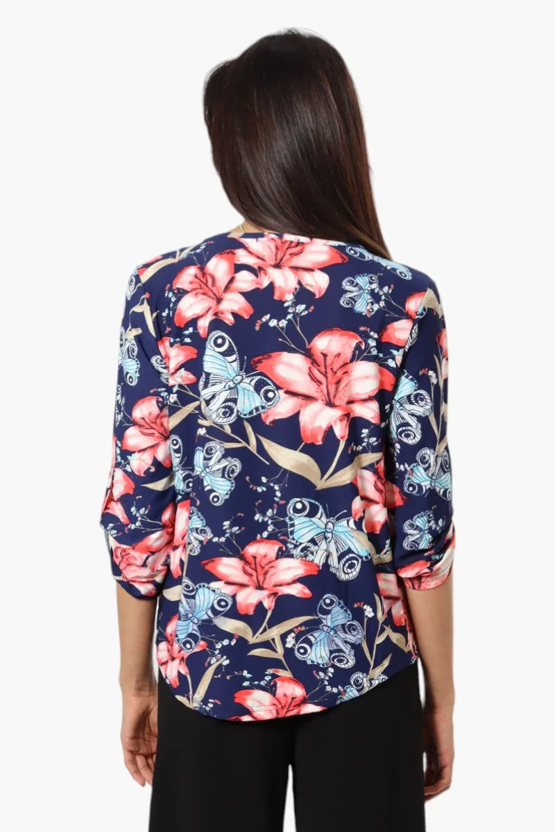 Beechers Brook Floral Roll Up Sleeve Necklace Blouse - Navy