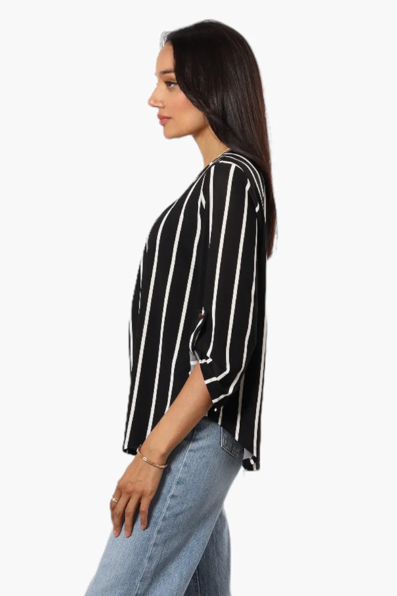 Beechers Brook Striped Roll Up Sleeve Necklace Blouse - Black