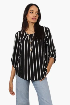 Beechers Brook Striped Roll Up Sleeve Necklace Blouse - Black