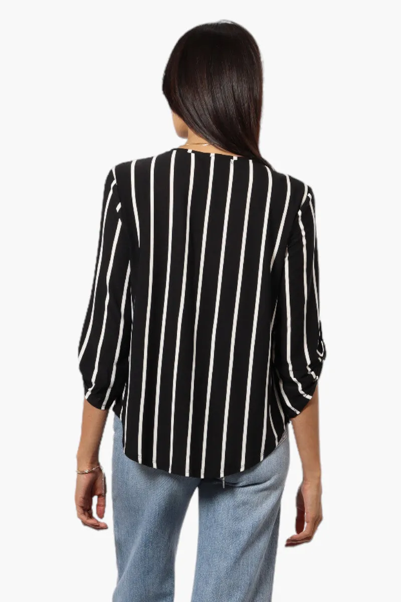 Beechers Brook Striped Roll Up Sleeve Necklace Blouse - Black