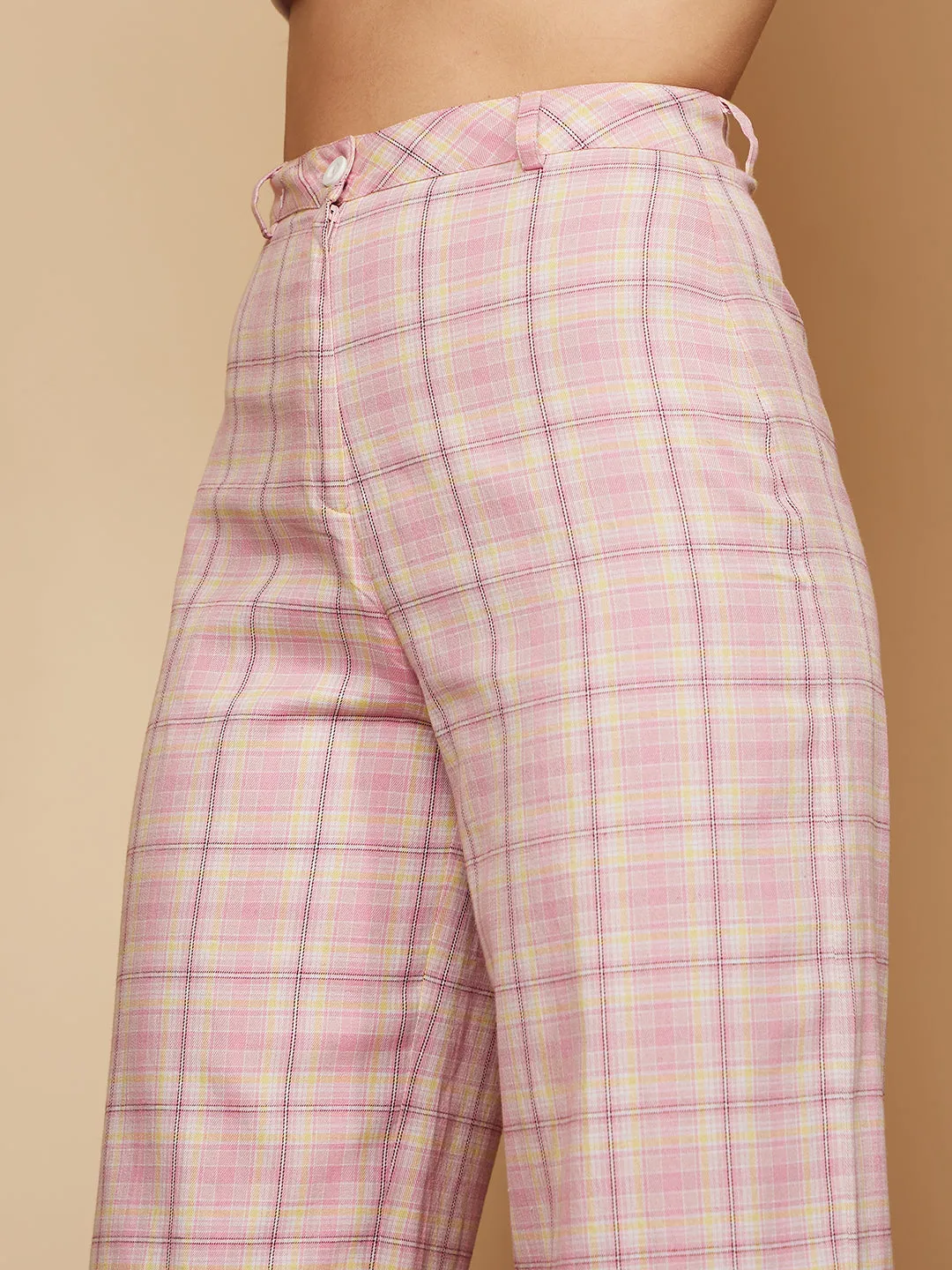 Berrylush Women Pink Check Printed High-Rise Waist Button-Up Wide-Leg Regular Trousers