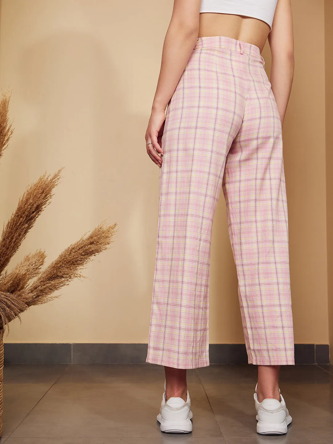 Berrylush Women Pink Check Printed High-Rise Waist Button-Up Wide-Leg Regular Trousers