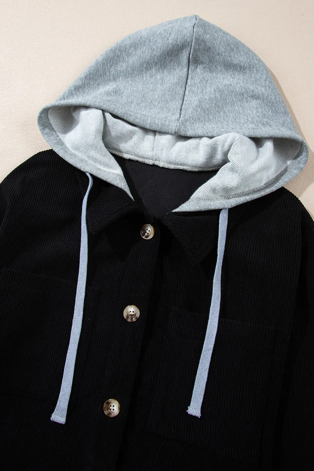 Black Hooded Corduroy Shacket