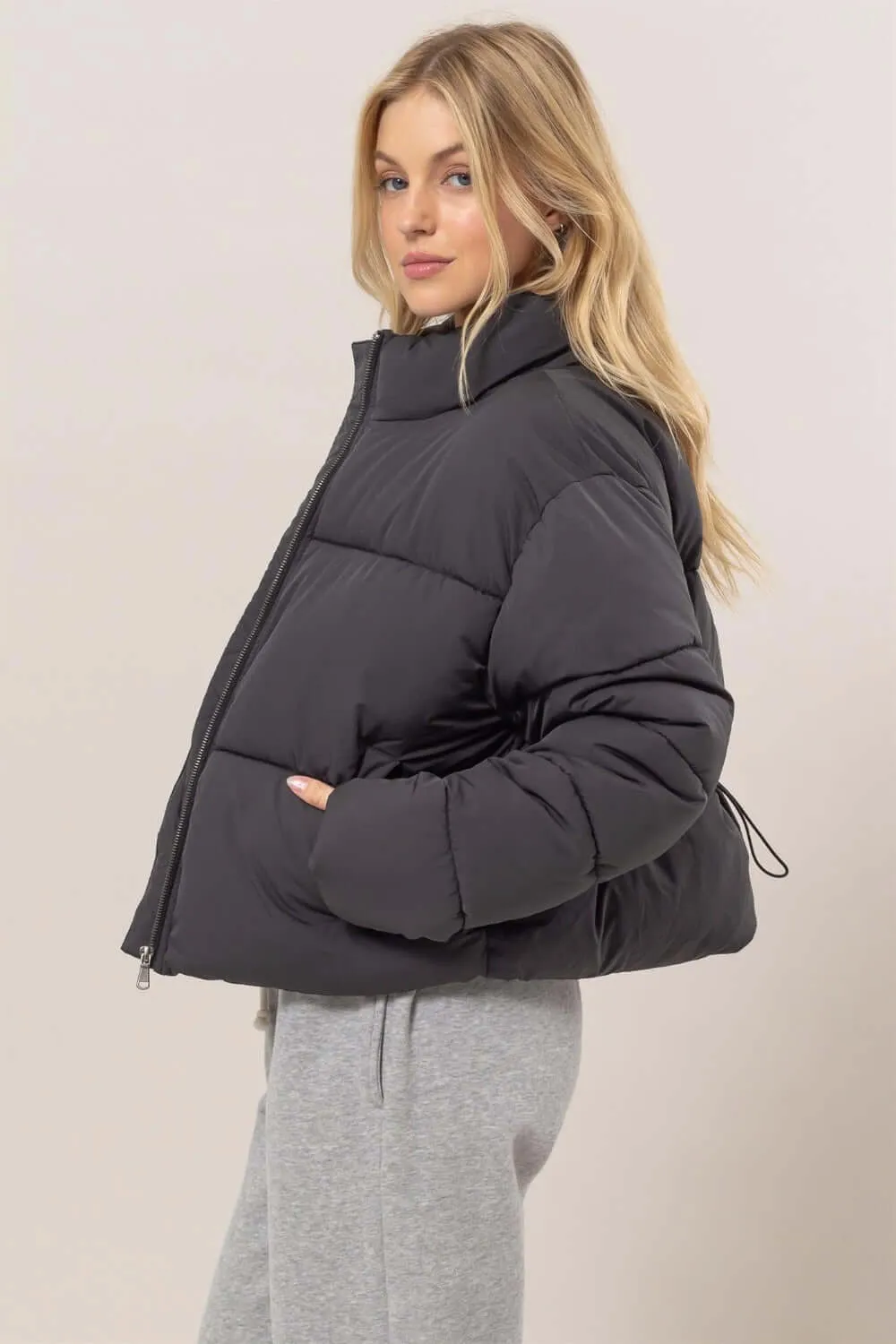 Black Quilted Back Drawstring Puffer Jacket