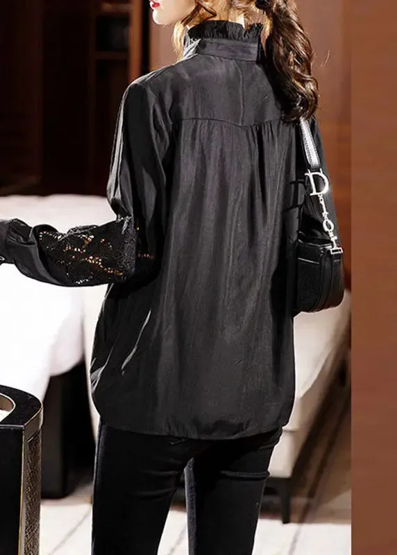 Black Ruffled Lace Patchwork Shirts