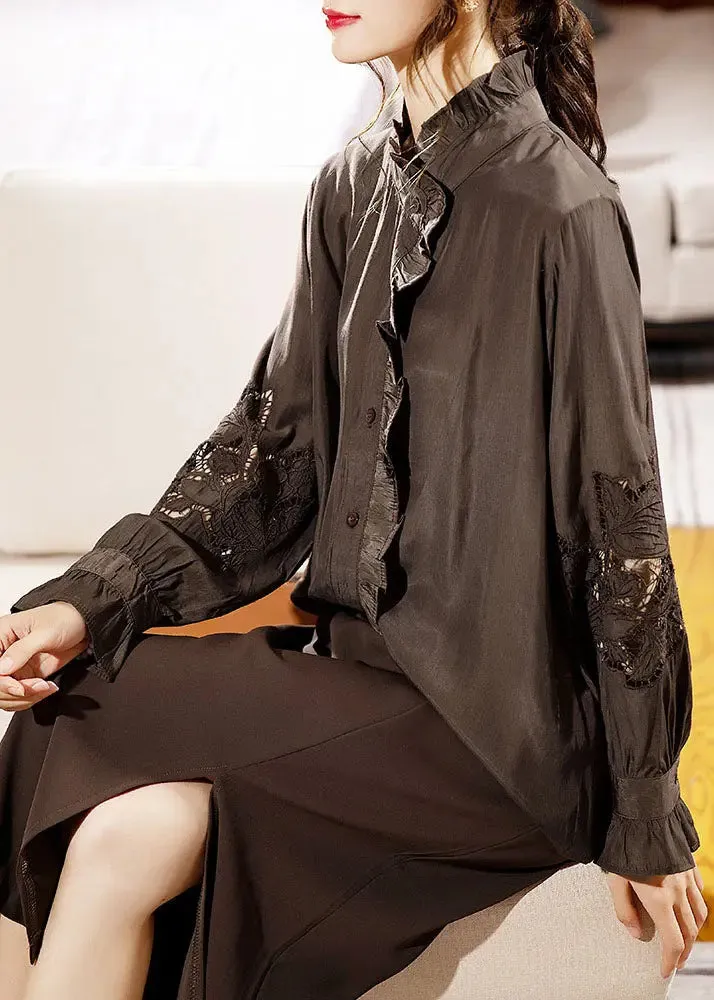 Black Ruffled Lace Patchwork Shirts