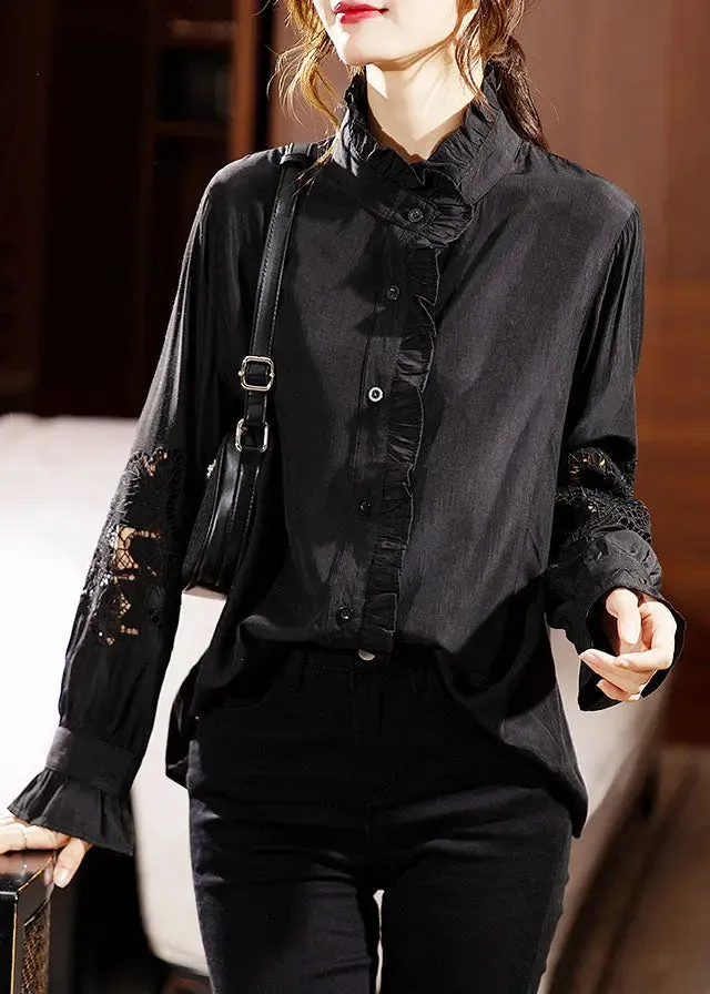 Black Ruffled Lace Patchwork Shirts