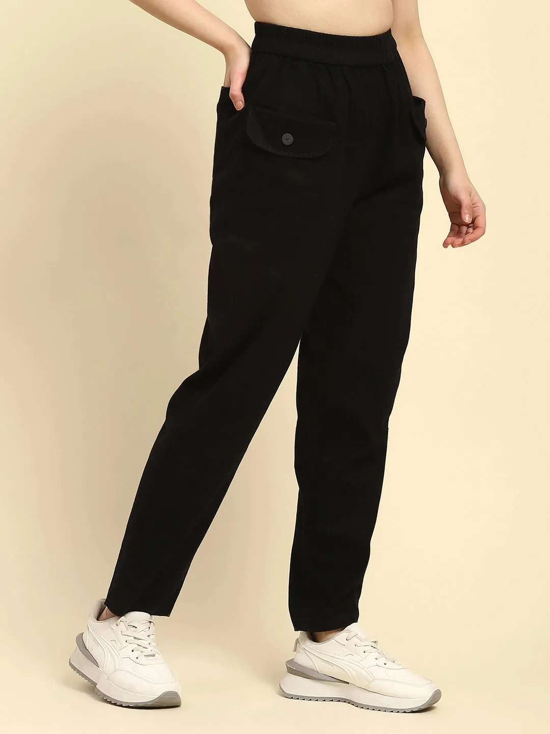 Black Textured Cotton Regular Fit Trouser