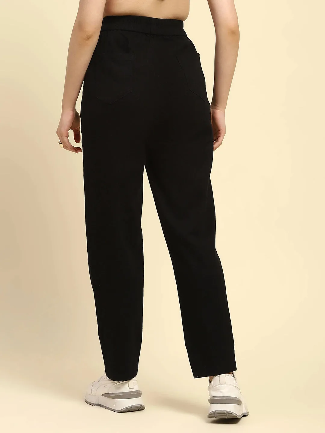 Black Textured Cotton Regular Fit Trouser