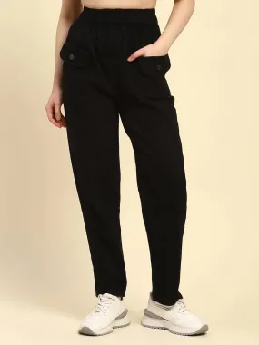 Black Textured Cotton Regular Fit Trouser