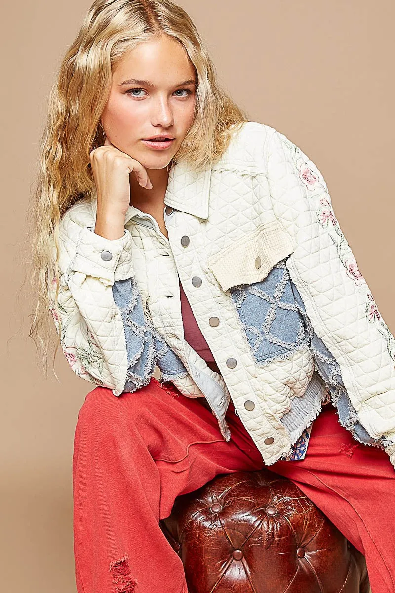 Bleu Embroidered Sleeve Raw Edge Quilted Jacket