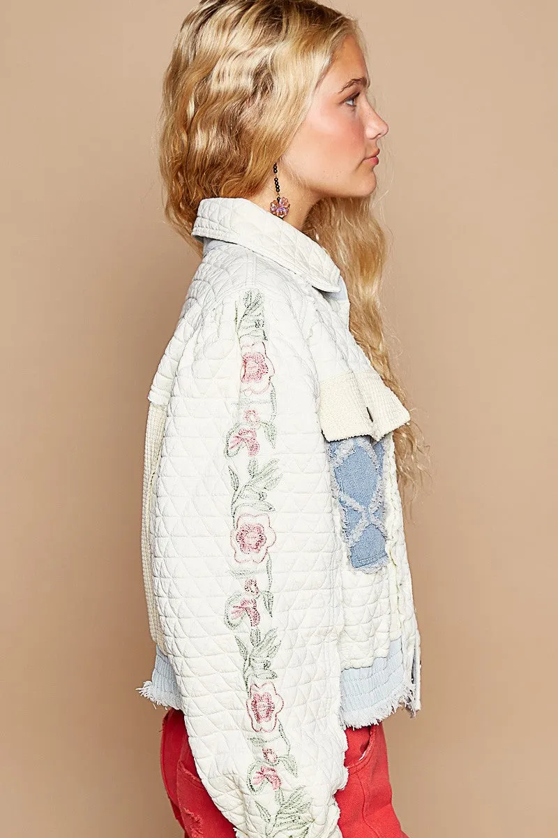 Bleu Embroidered Sleeve Raw Edge Quilted Jacket