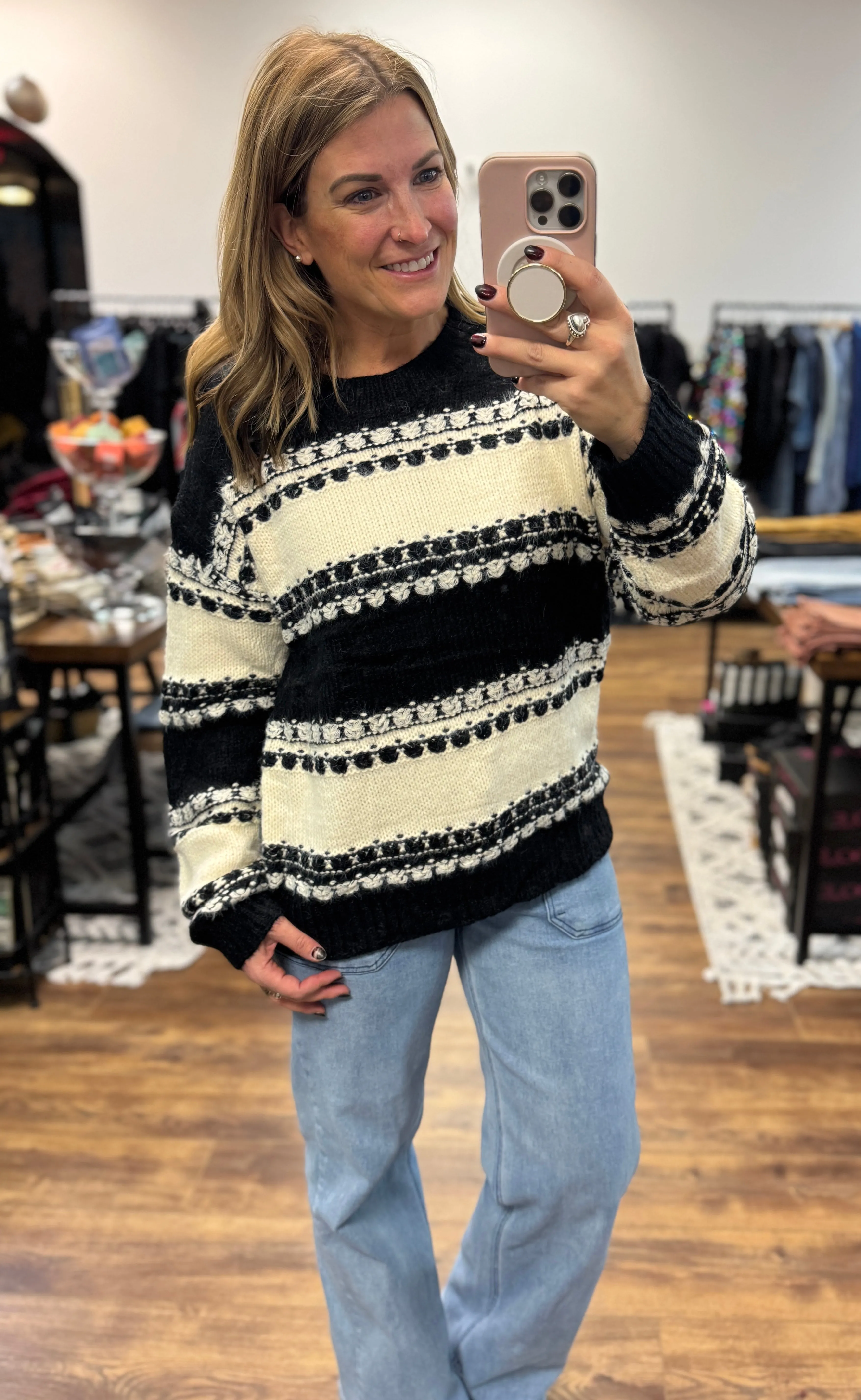 Brushed Yarn Striped Crew Neck Sweater