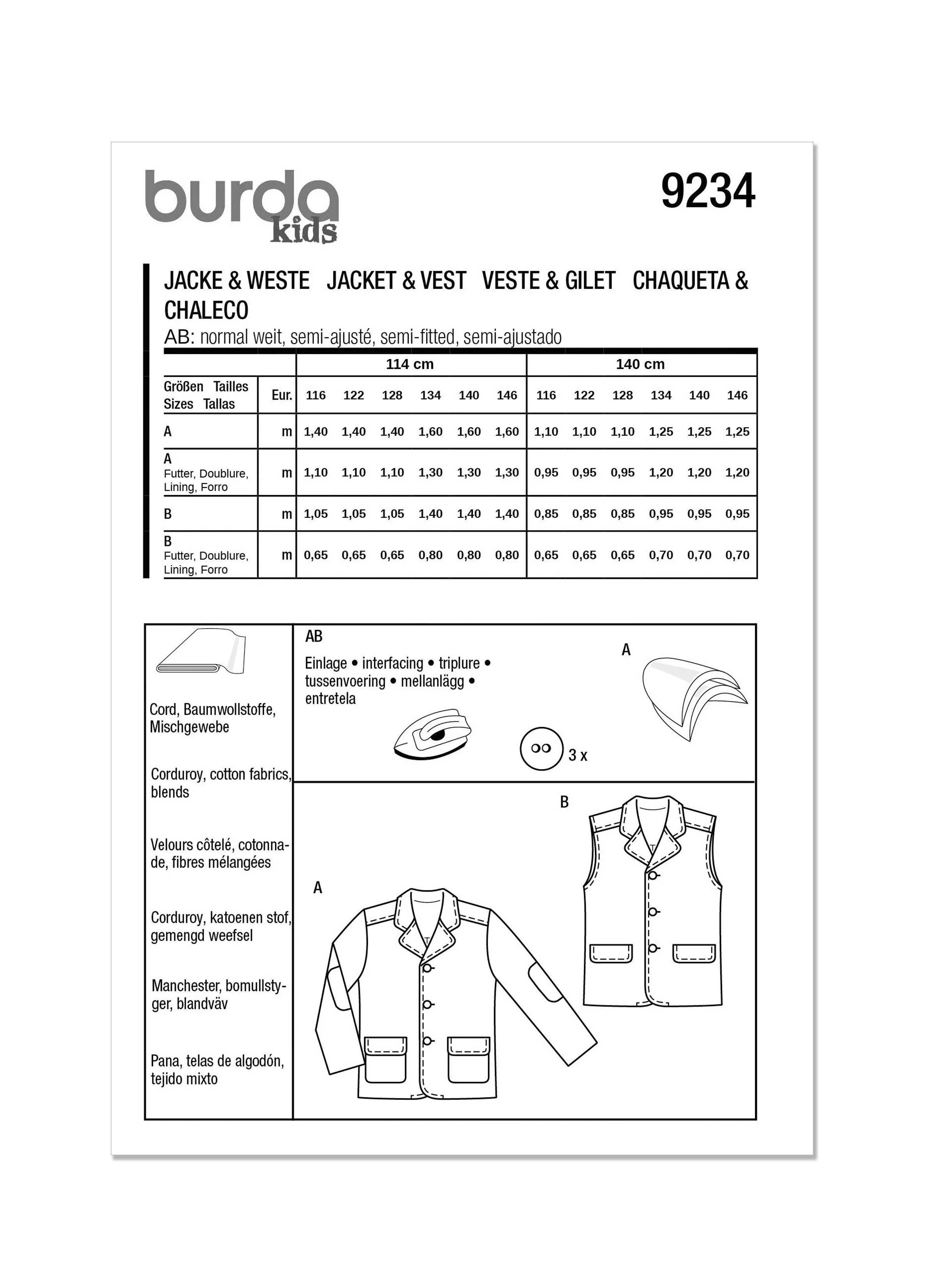 Burda Sewing Pattern 9234 Children's Jacket and Waistcoat