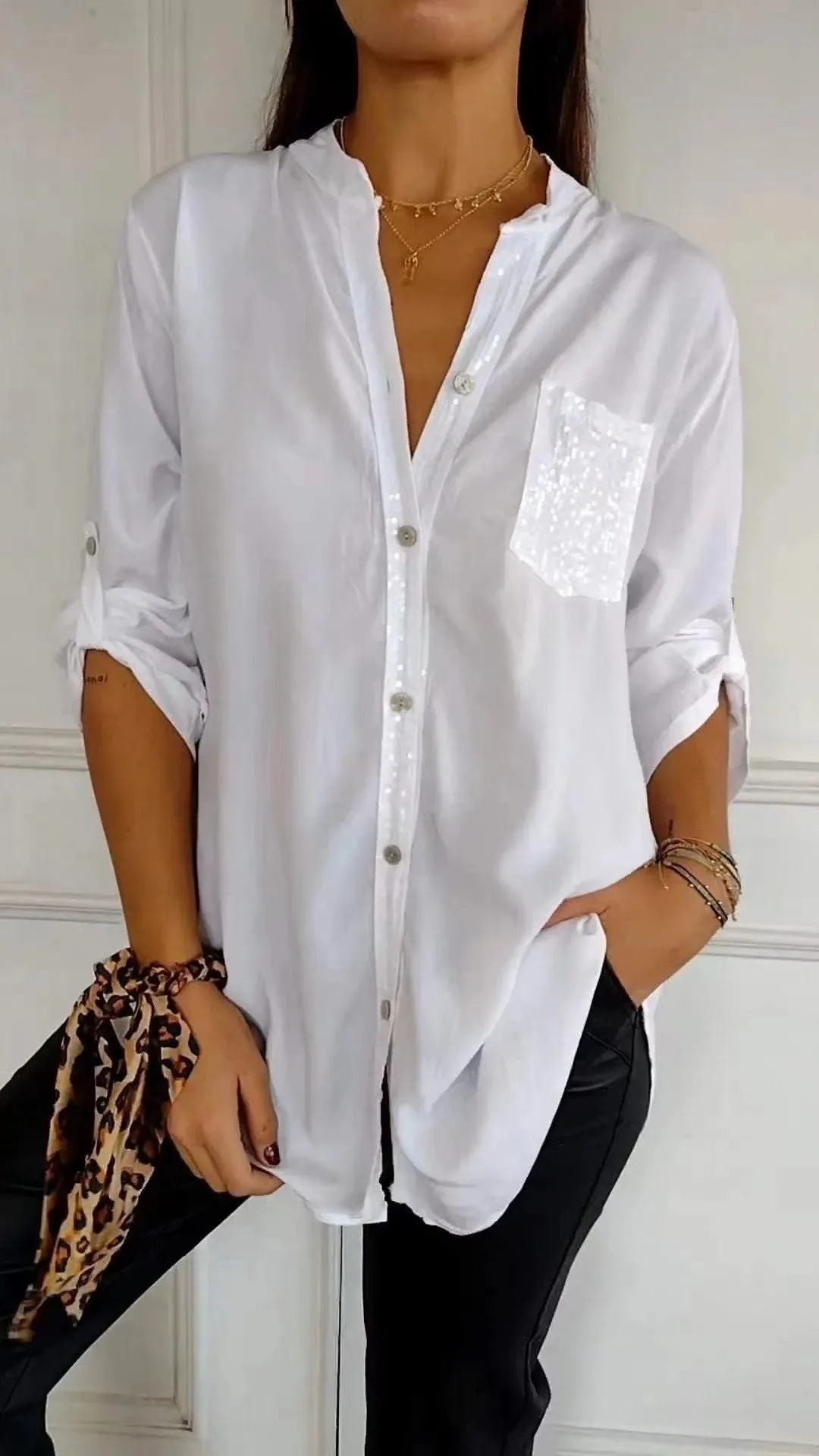 Casual Button-down Long Sleeve Shirt With Sequin Pocket Design Fashion Commuter Top Women Clothing