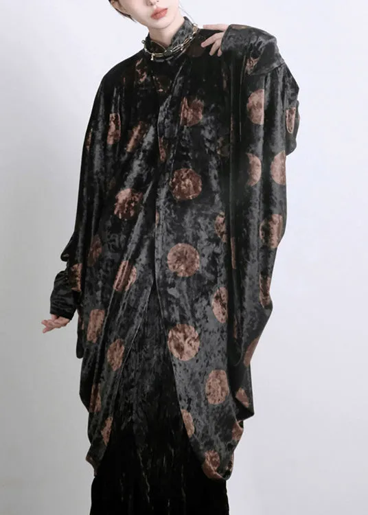 Chic Black Asymmetrical Print Silk Velour Shirts Batwing Sleeve QA1020