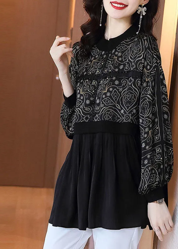 Chic Black Oversized Patchwork Exra Large Hem Chiffon Shirts Spring LC0075