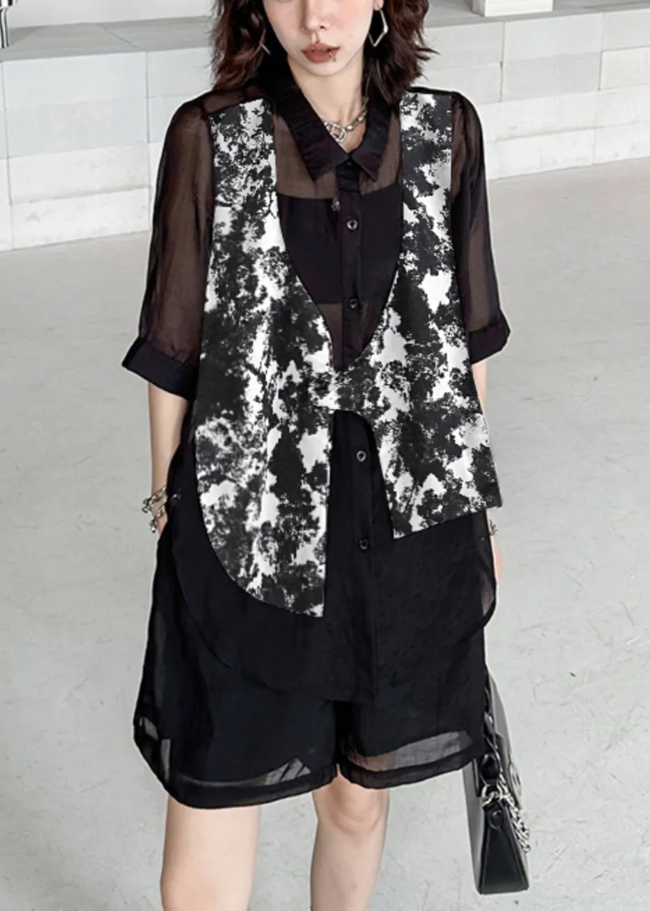 Chic Black Tie Dye Patchwork Shirts And Shorts Cotton Two Piece Set Summer LY9499