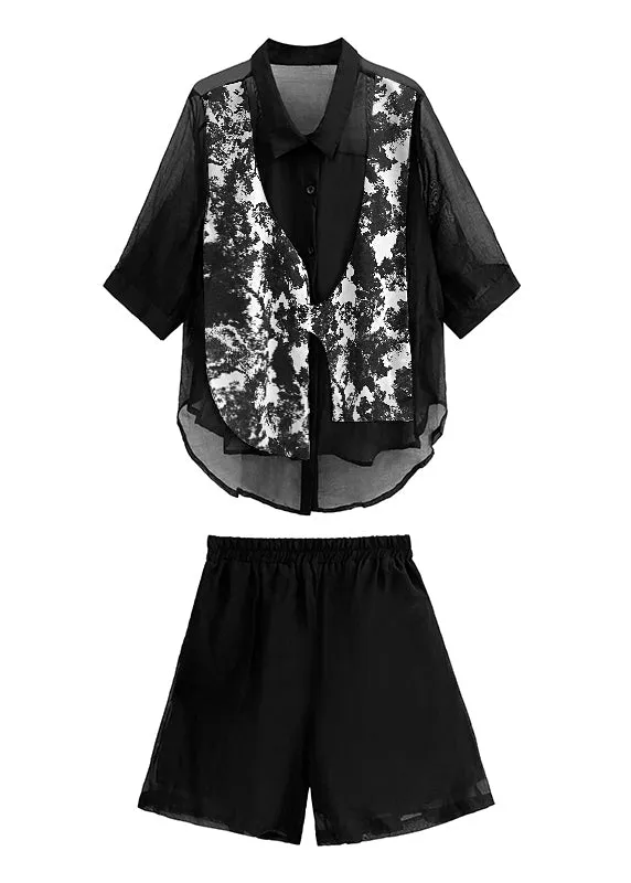 Chic Black Tie Dye Patchwork Shirts And Shorts Cotton Two Piece Set Summer LY9499