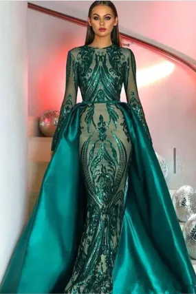 Chic Green Long Sleeve Sequins Evening Dress Overskirt