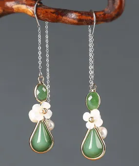 Chic Green Sterling Silver Coloured Glaze Pearl Shell Flower Drop Earrings LY2274