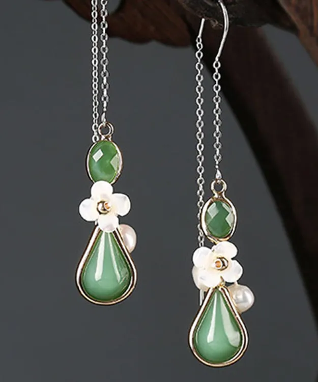 Chic Green Sterling Silver Coloured Glaze Pearl Shell Flower Drop Earrings LY2274