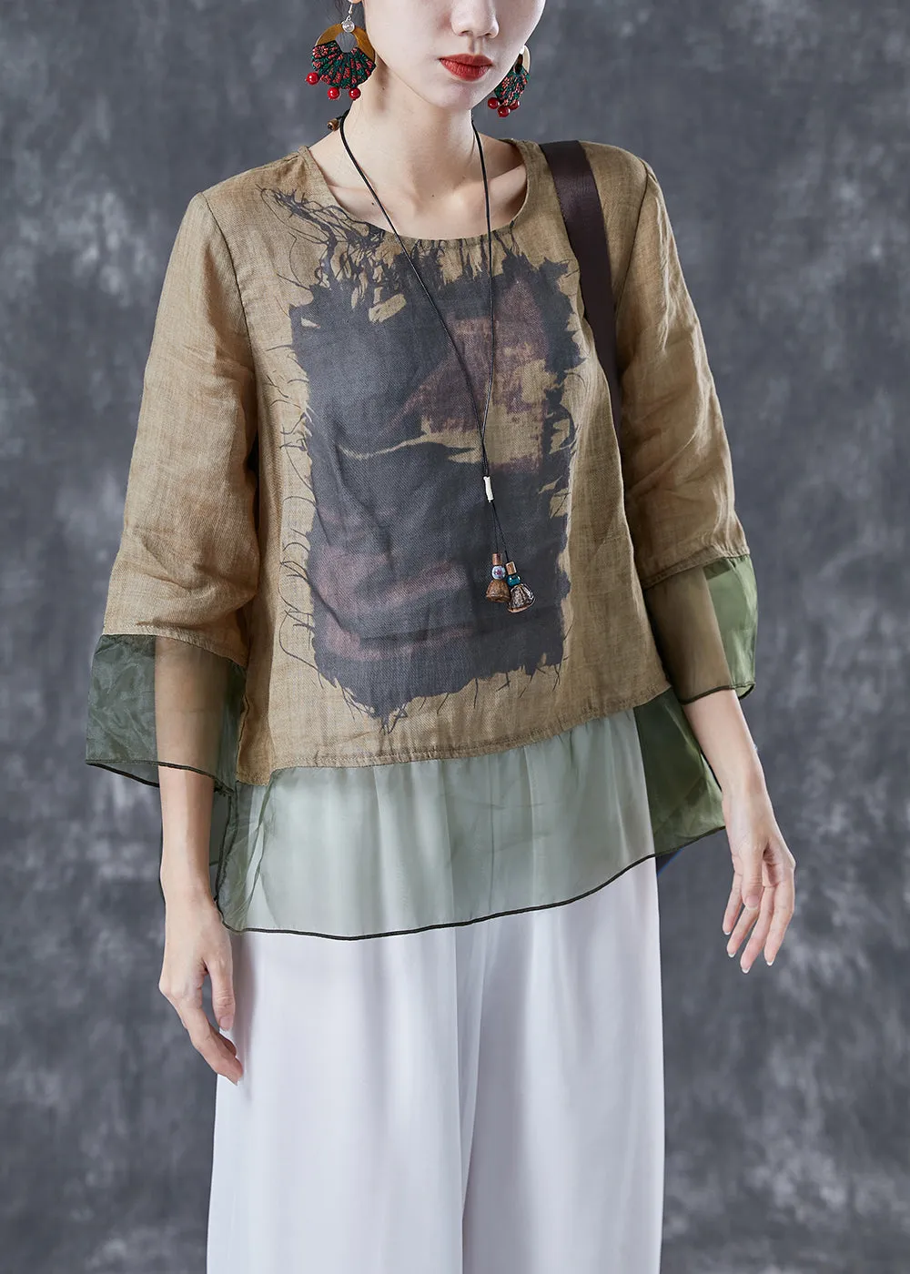 Chic Khaki Oversized Patchwork Organza Linen Shirts Bracelet Sleeve LY4093