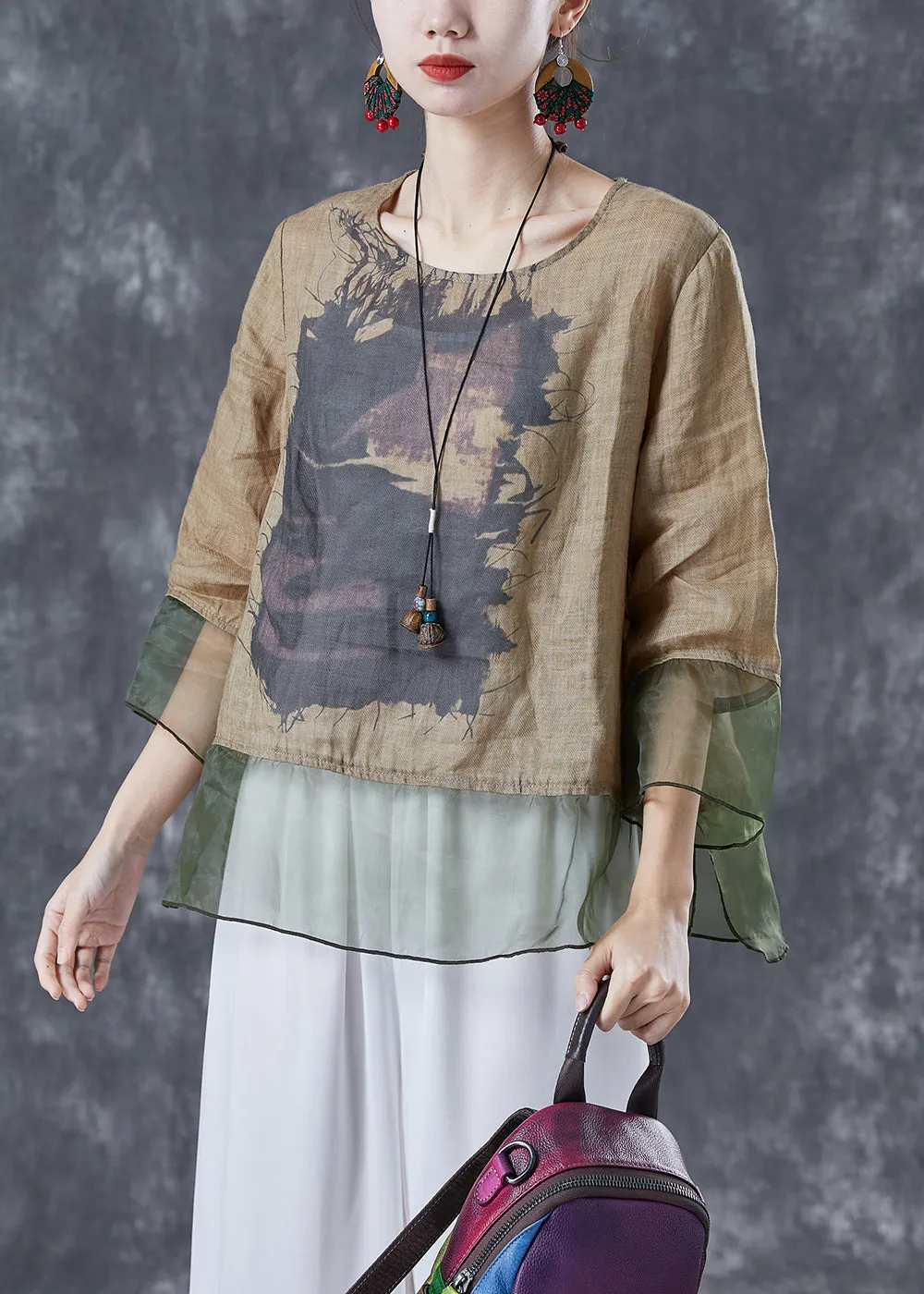 Chic Khaki Oversized Patchwork Organza Linen Shirts Bracelet Sleeve LY4093