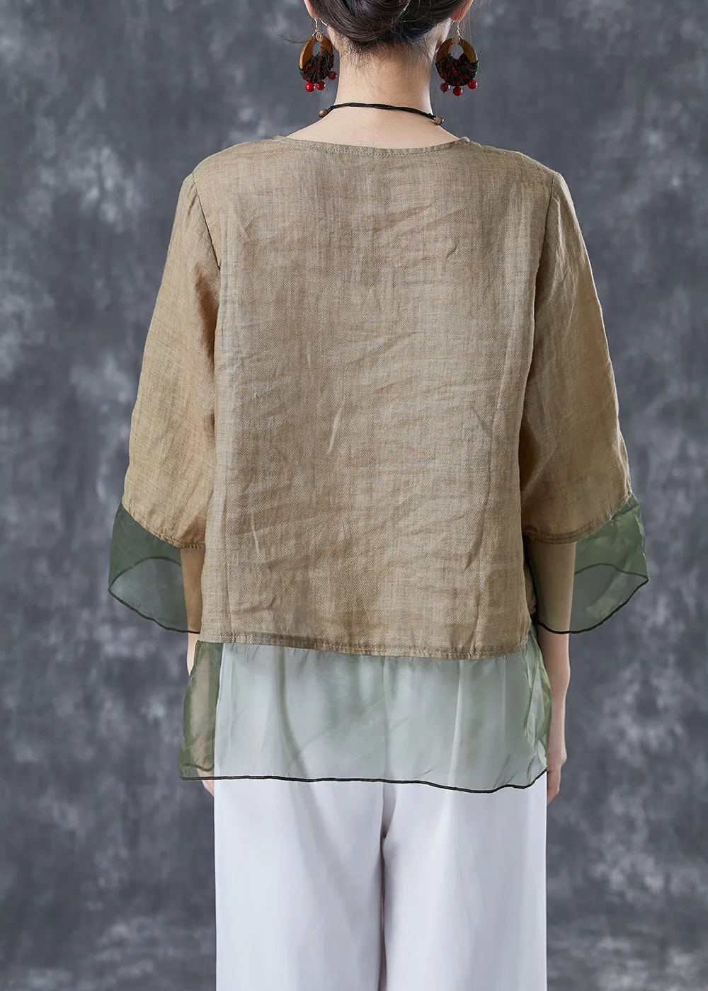 Chic Khaki Oversized Patchwork Organza Linen Shirts Bracelet Sleeve LY4093