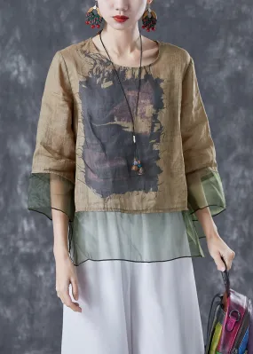 Chic Khaki Oversized Patchwork Organza Linen Shirts Bracelet Sleeve LY4093