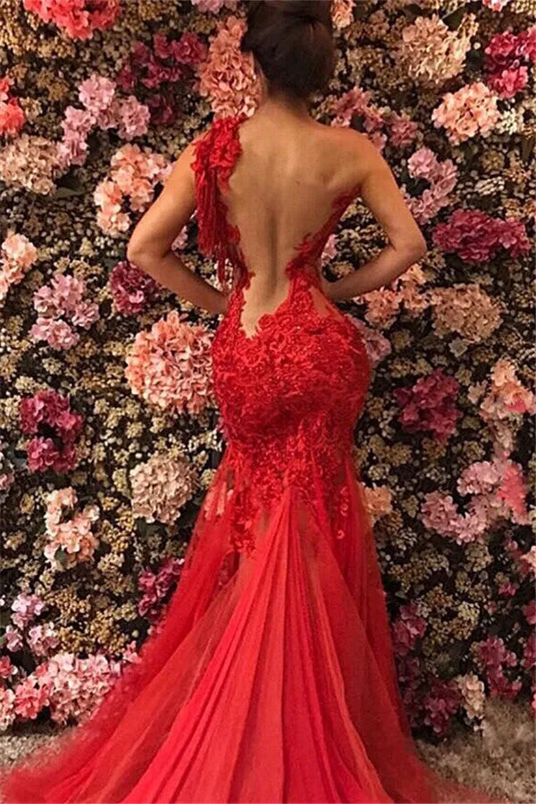 Chic One Shoulder Appliques Tulle Beading Mermaid Floor-Length Prom Dresses