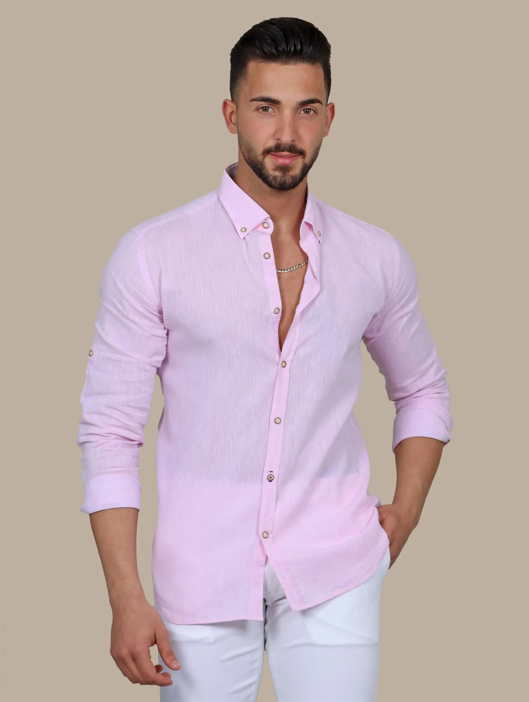 Chic Pink Linen Shirt with Printed Collar