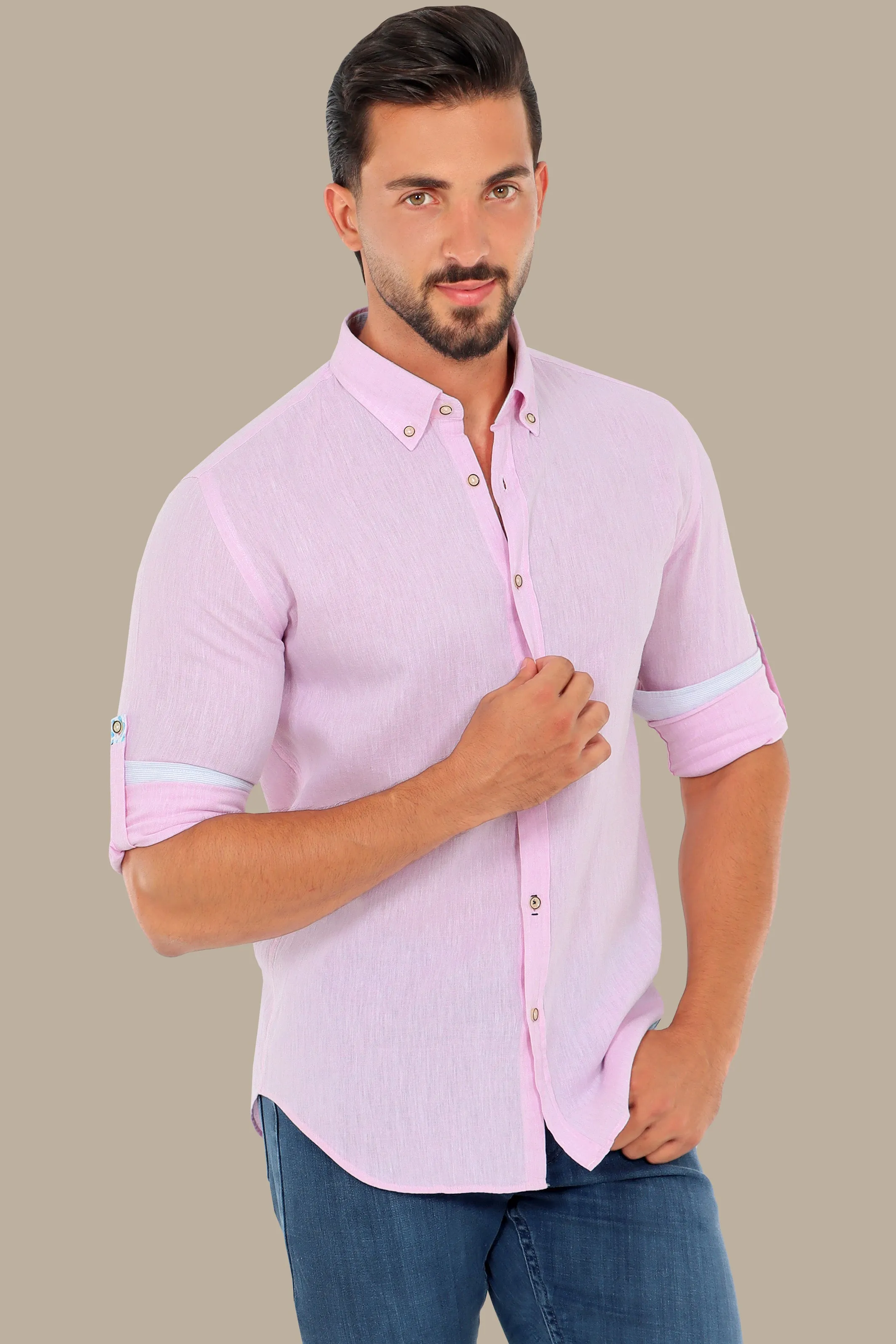 Chic Pink Linen Shirt with Printed Collar