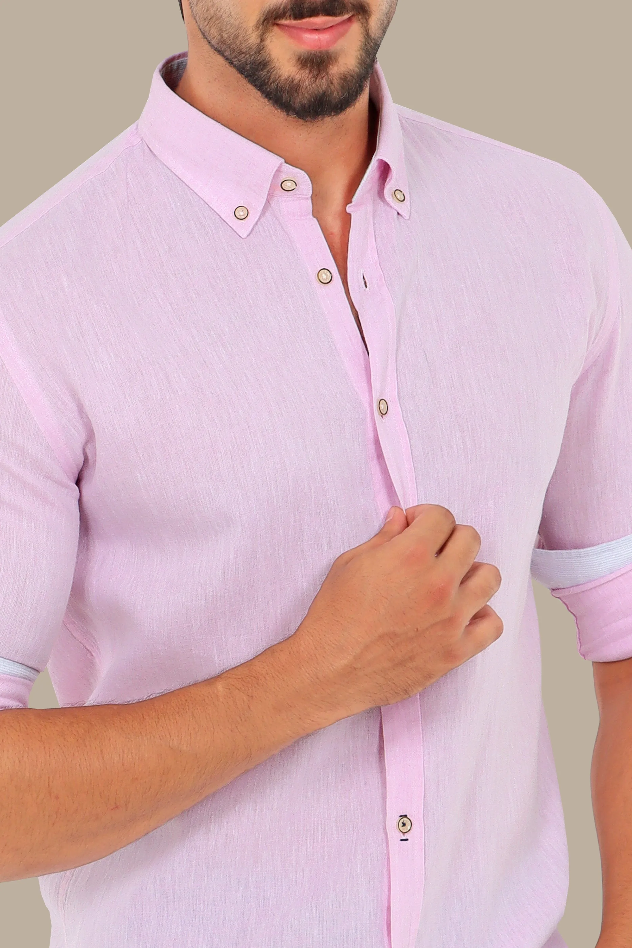 Chic Pink Linen Shirt with Printed Collar