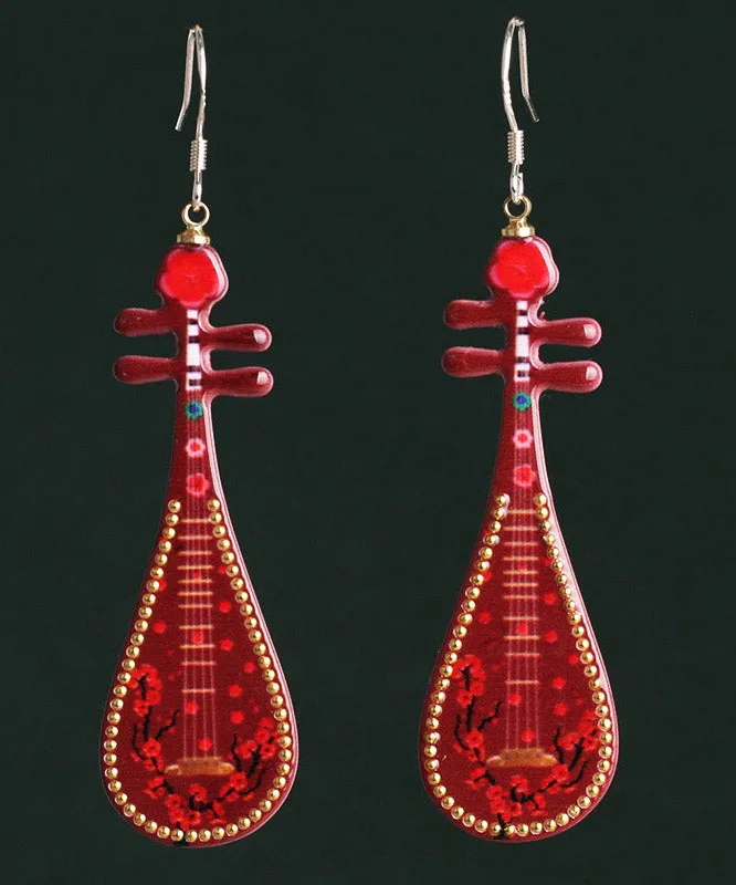 Chic Red Sterling Silver Pipa Drop Earrings LY2301