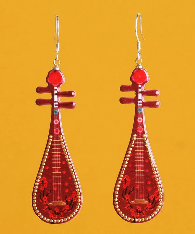 Chic Red Sterling Silver Pipa Drop Earrings LY2301