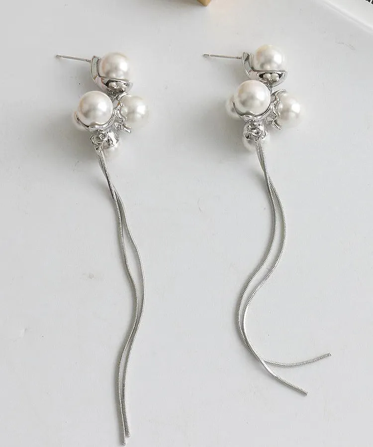 Chic Silk Sterling Silver Alloy Pearl Tassel Drop Earrings ZZ089