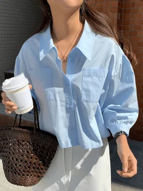 Chic Sky Blue Lapel Casual Shirt Top