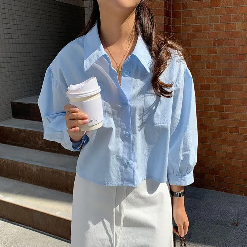 Chic Sky Blue Lapel Casual Shirt Top