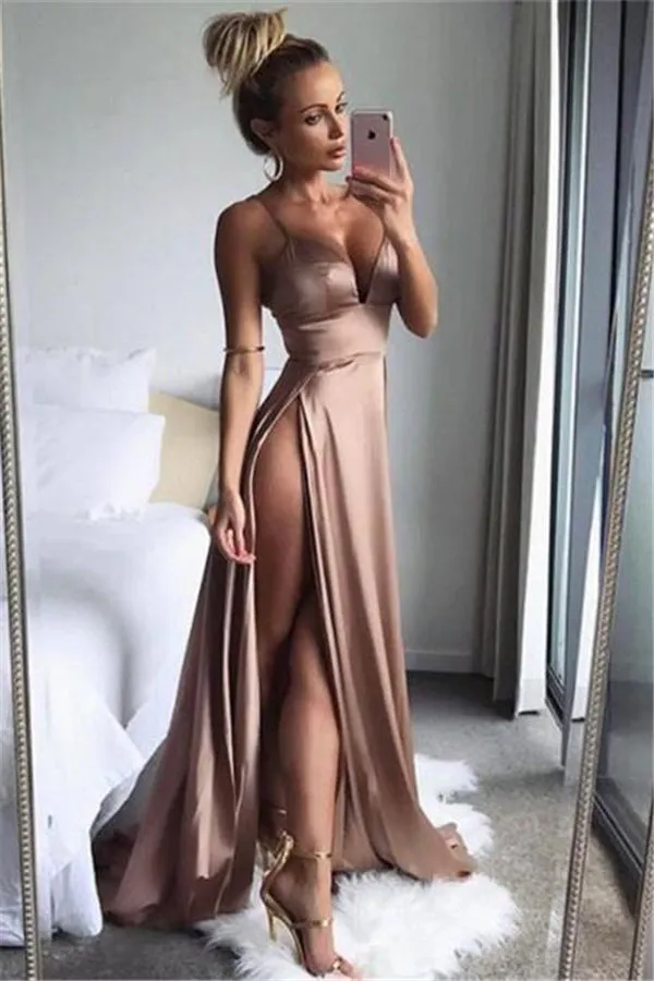 Chic Spaghetti-Straps Split Long Prom Party GownsWomen's Party Gowns