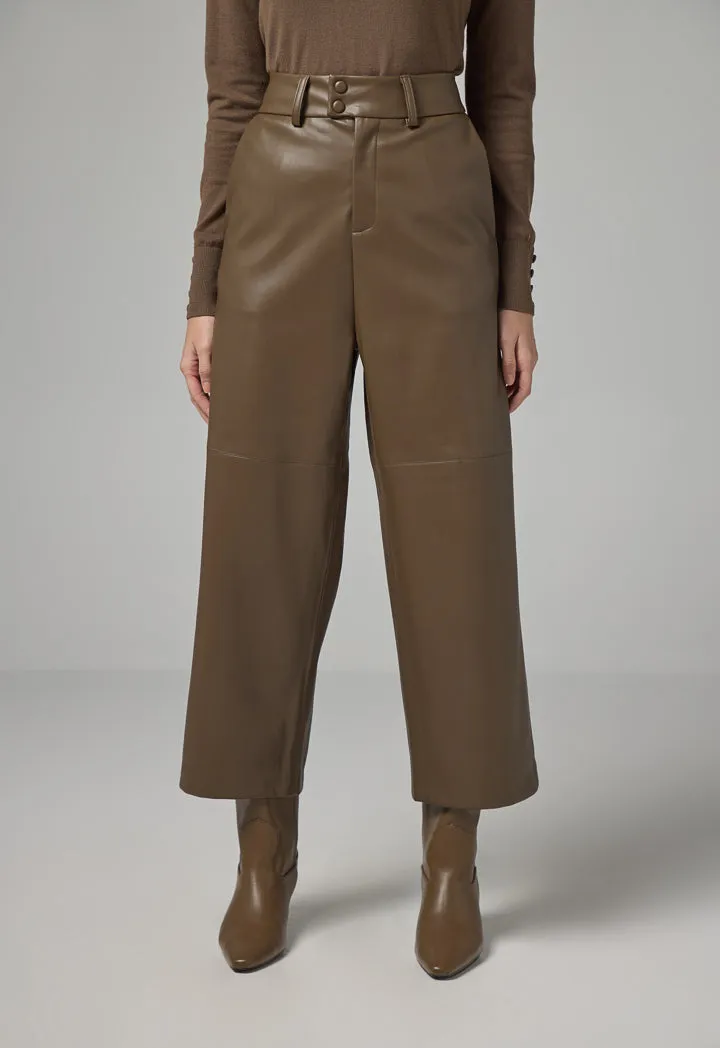 Choice Solid Pu Leather Wide Legs Trousers Khaki