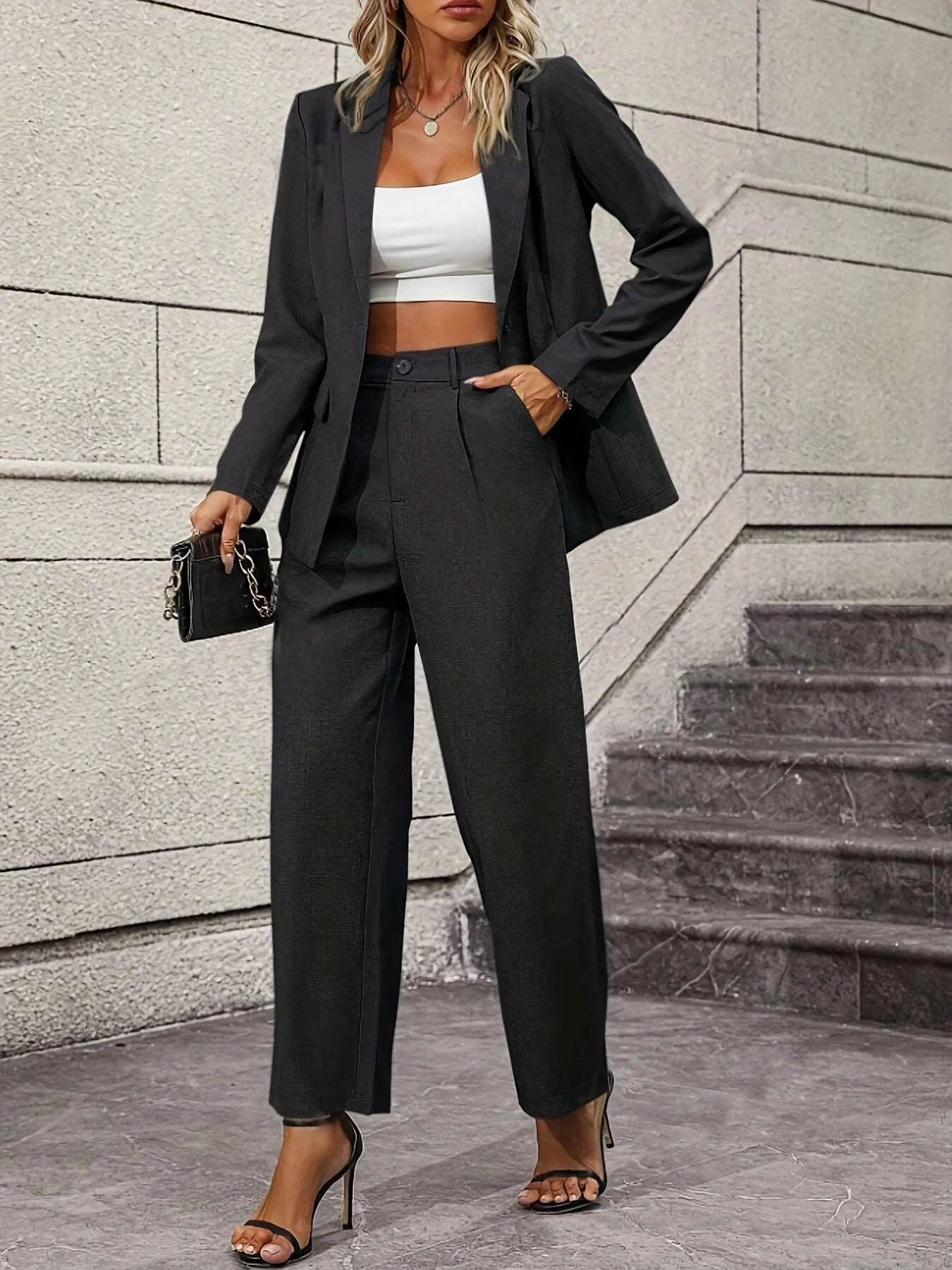 Contemporary Chic: Modern Floor-Length Pants Outfit with Tailored Jacket