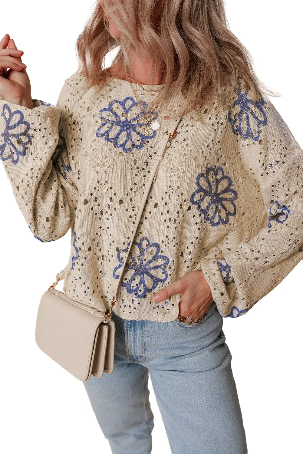 Contrast Flower Print Eyelet Sweater